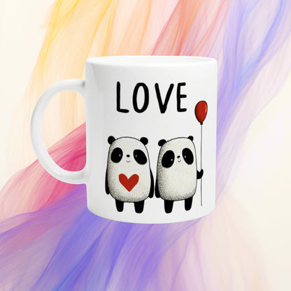 White mug with the word LOVE and two cute pandas; one has a red heart, the other a red balloon (product mockup).
