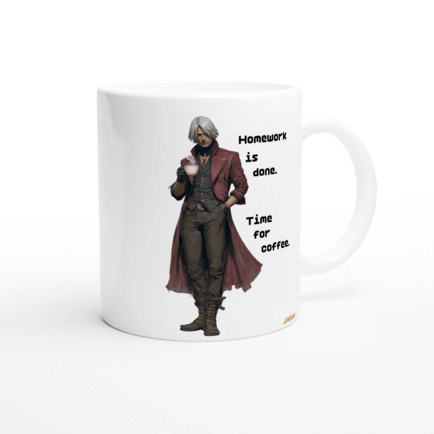 White mug featuring a man in a red coat holding a coffee cup and the slogan 'Homework is done. Time for coffee.'