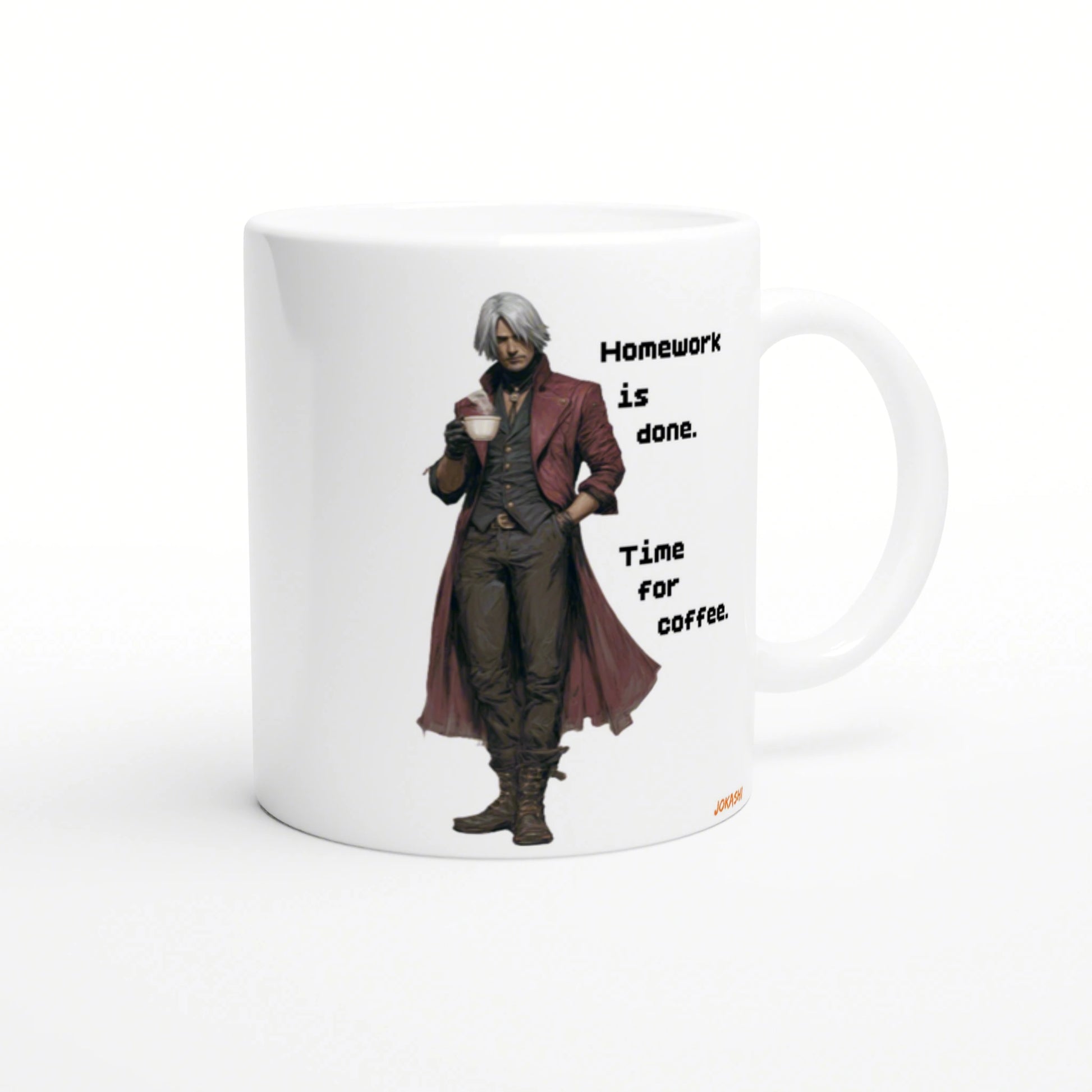White mug featuring a man in a red coat holding a coffee cup and the slogan 'Homework is done. Time for coffee.'