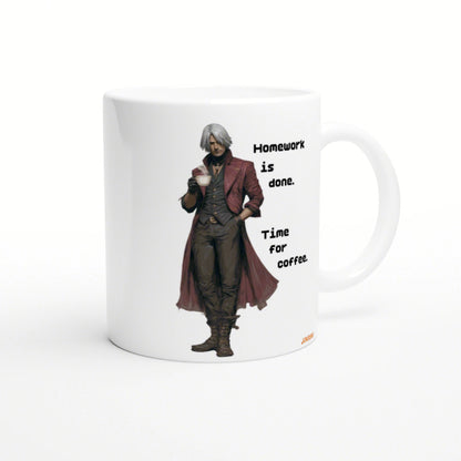 White mug featuring a man in a red coat holding a coffee cup and the slogan 'Homework is done. Time for coffee.'