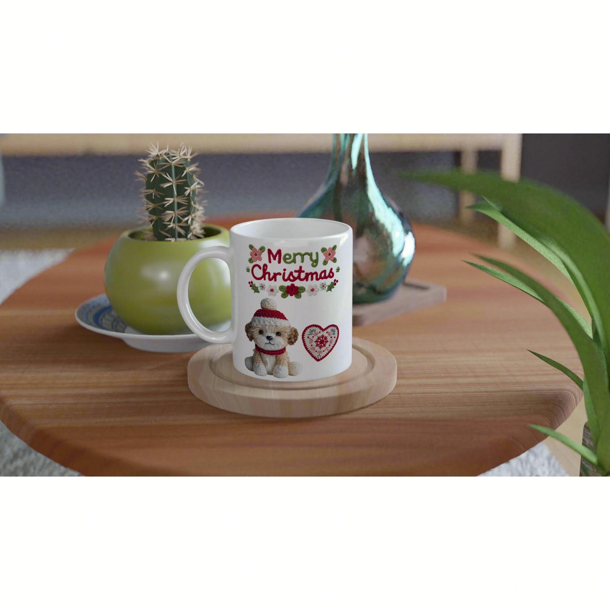 Product mockup: white ceramic mug with Merry Christmas text, a cute dog in a red hat, and a heart, on a wooden coaster.
