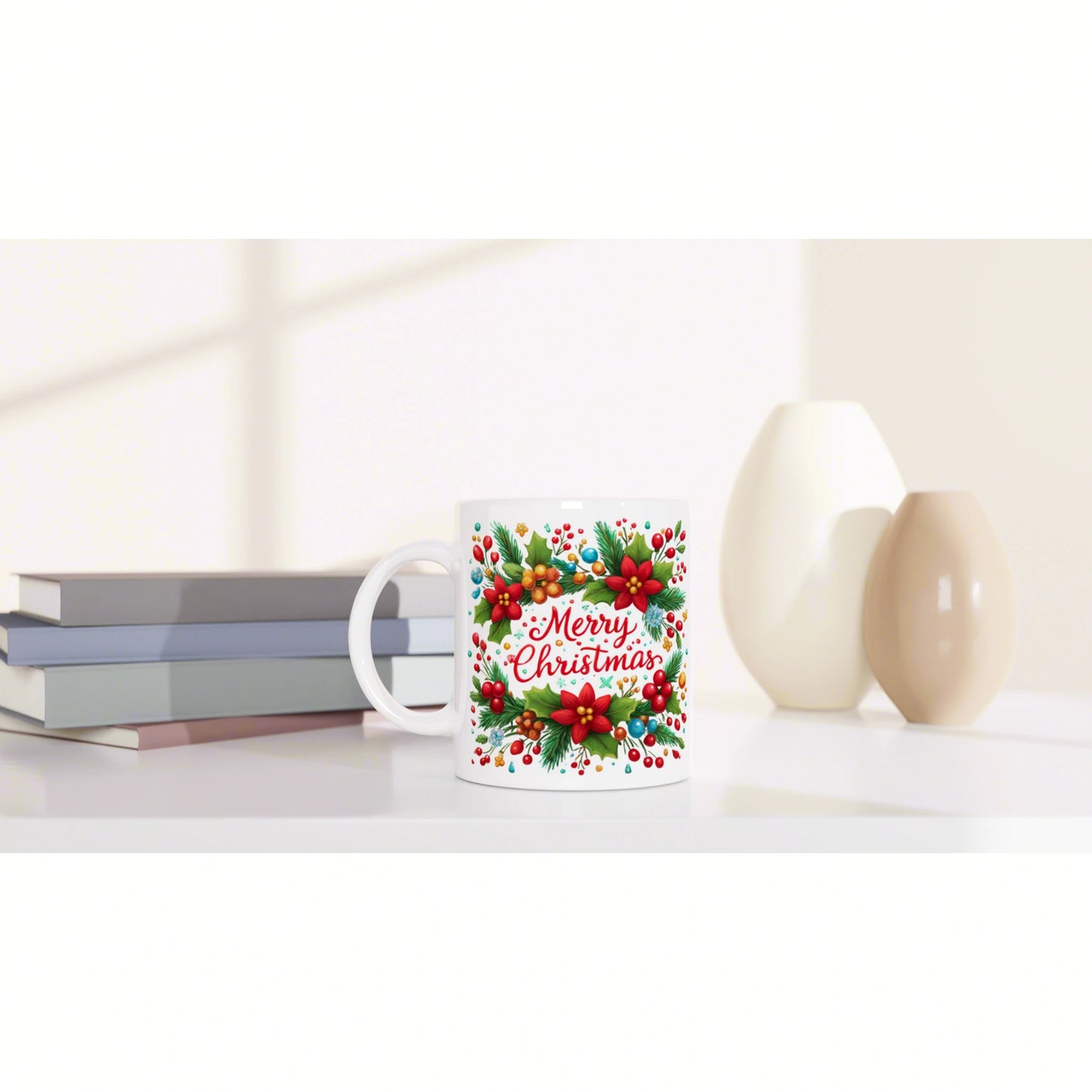 Product mockup: white mug with a colorful Merry Christmas floral design on a white surface, beside books and decorative vases.