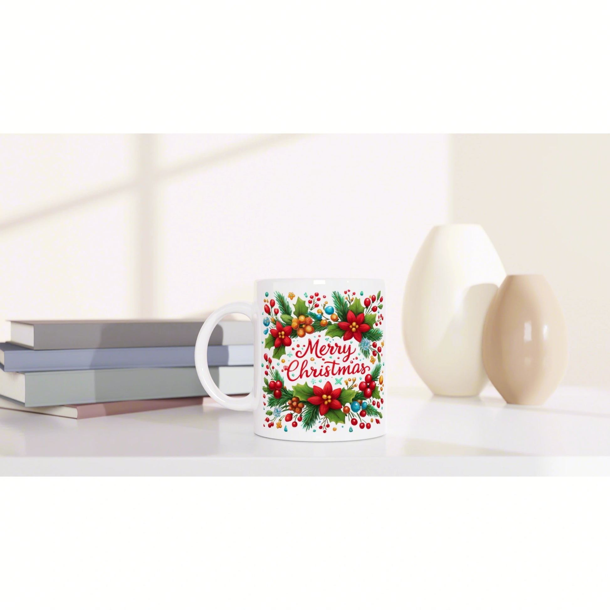 Product mockup: white mug with a colorful Merry Christmas floral design on a white surface, beside books and decorative vases.