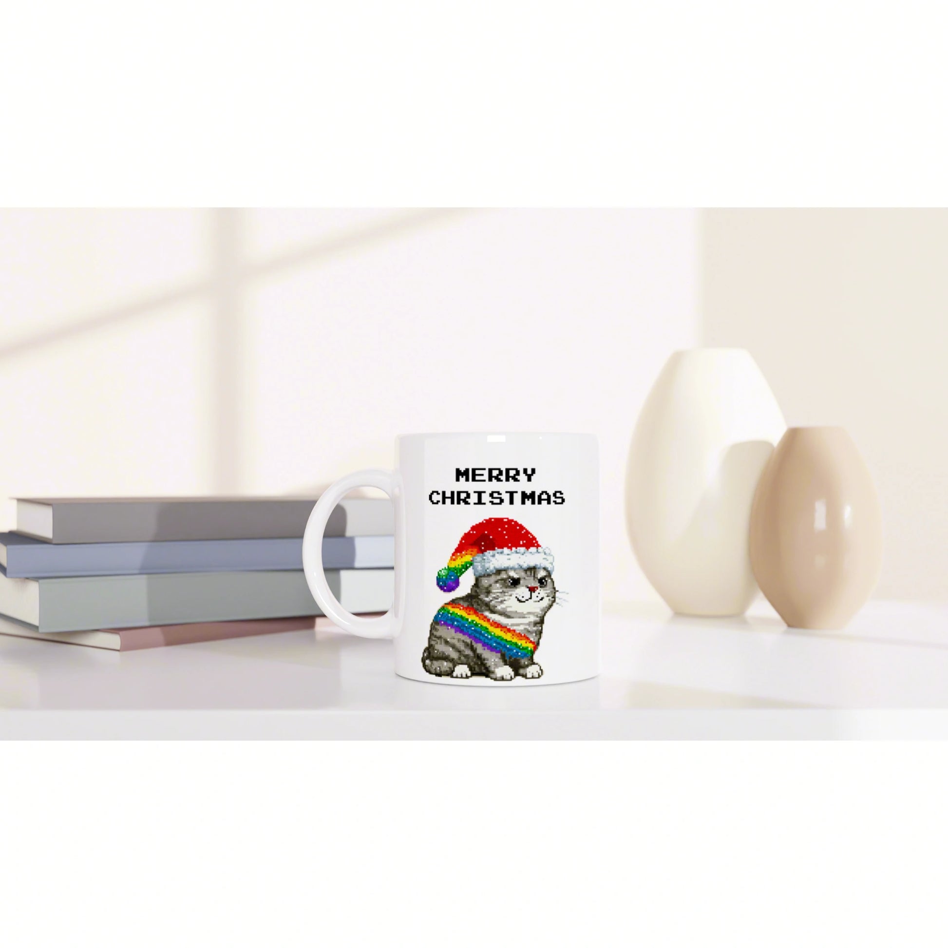 White mug with MERRY CHRISTMAS and a rainbow-scarfed cat in a Santa hat, on a shelf beside books and decorative vases.