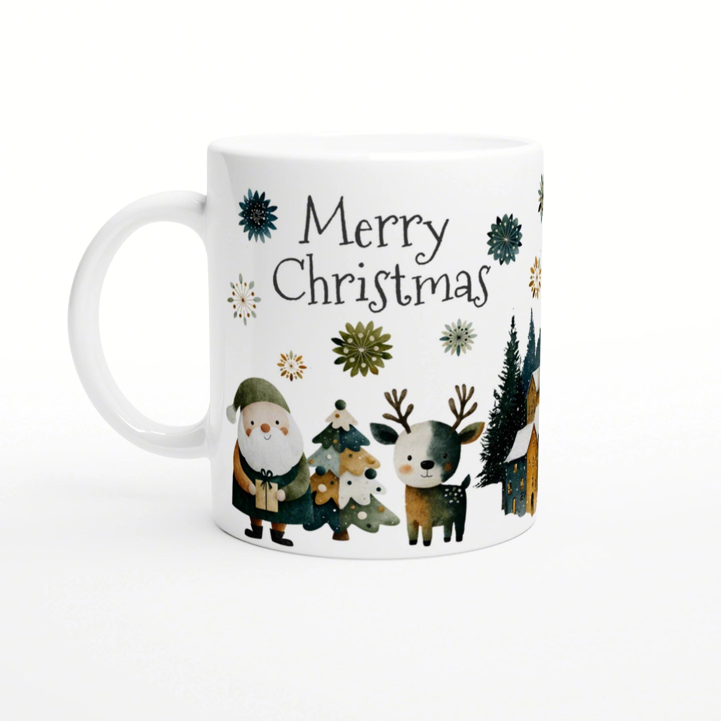 White mug with Merry Christmas slogan; cute winter scene with Santa, a reindeer, trees and houses.