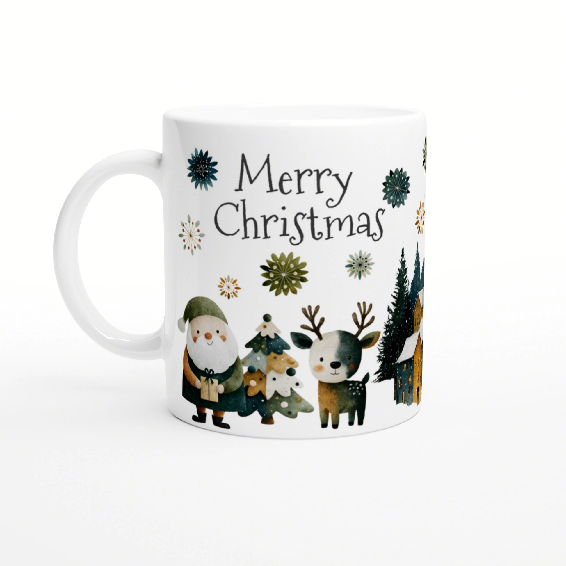 White mug with Merry Christmas slogan; cute winter scene with Santa, a reindeer, trees and houses.