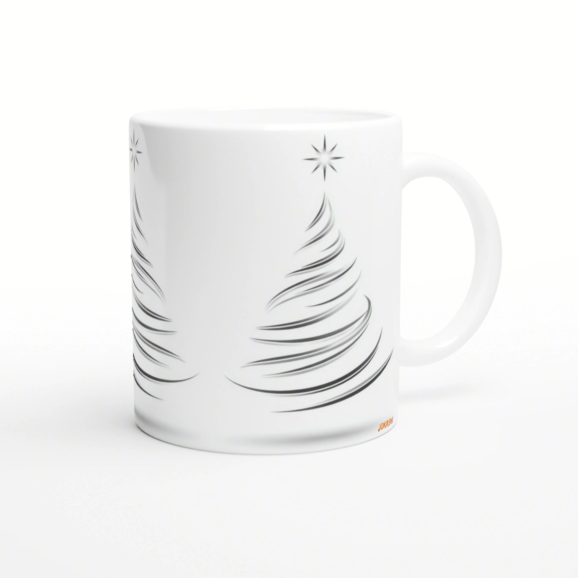 White ceramic mug with minimalist black line-art Christmas trees and a small orange label at the bottom; product mockup.