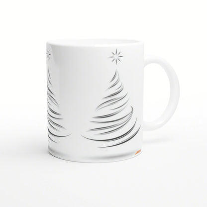 White ceramic mug with minimalist black line-art Christmas trees and a small orange label at the bottom; product mockup.
