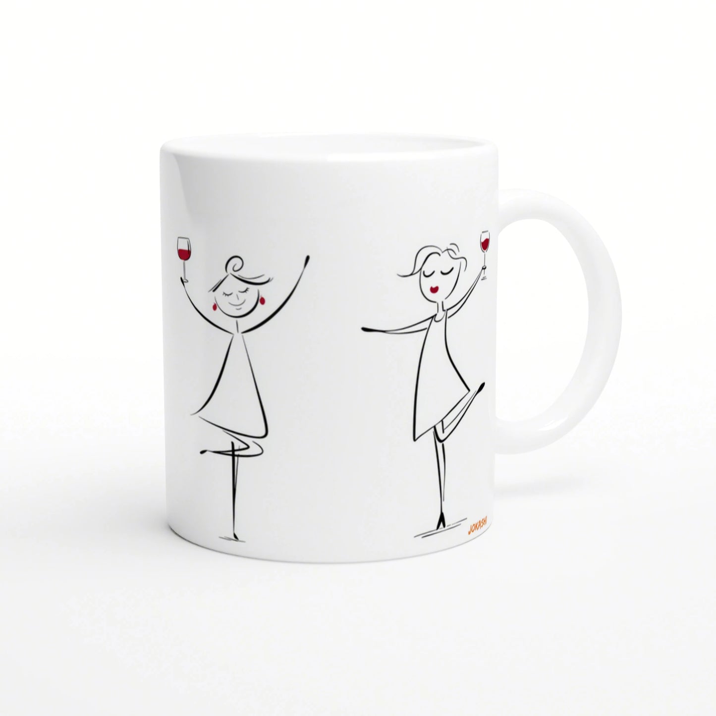 White mug with minimalist line-art of two dancing women holding wine glasses.