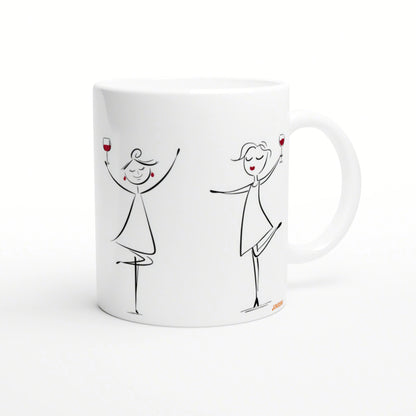 White mug with minimalist line-art of two dancing women holding wine glasses.
