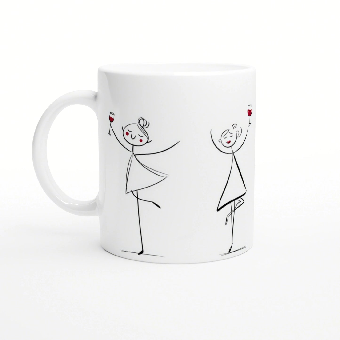 White mug with black line drawing of two stick-figure dancers toasting with wine glasses.