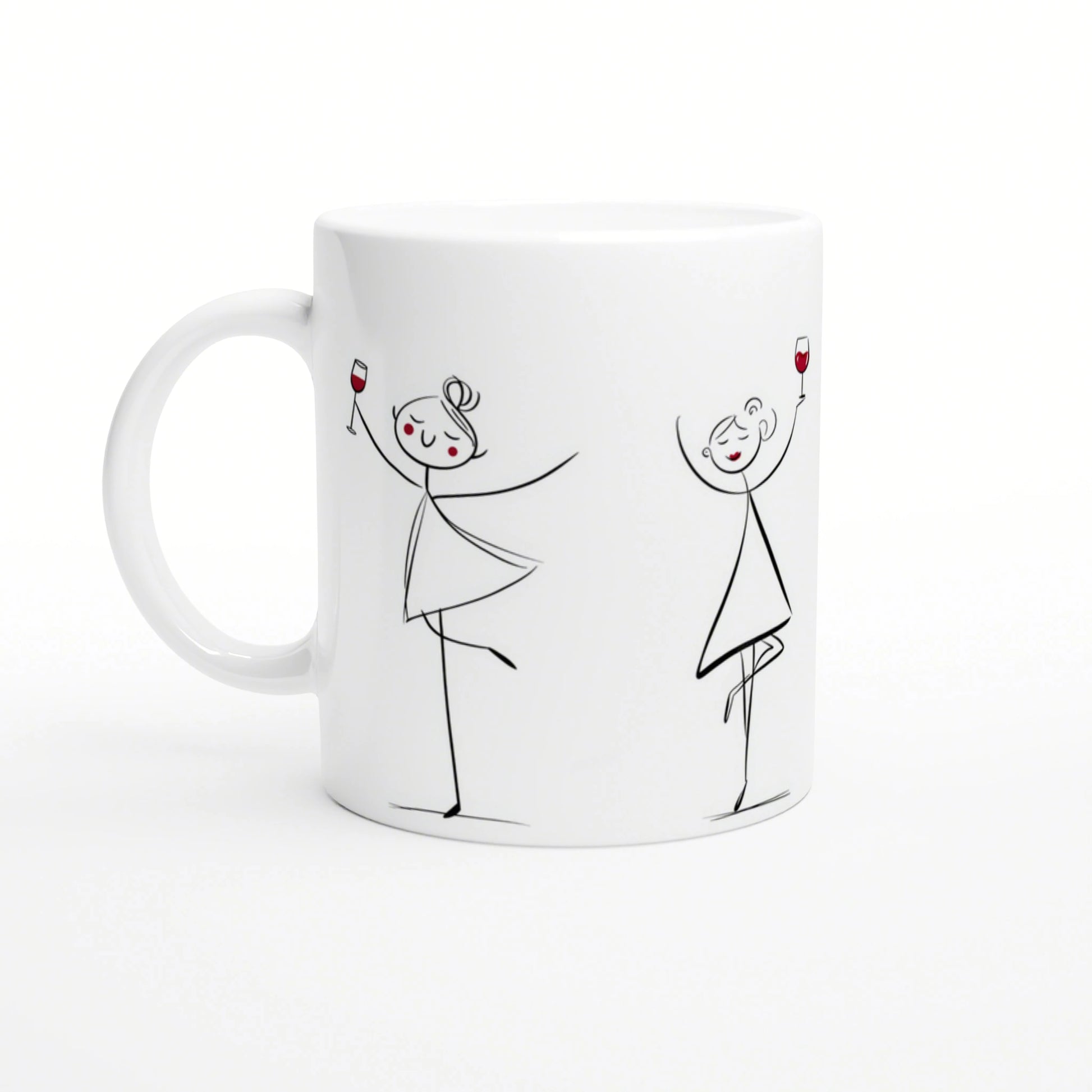 White mug with black line drawing of two stick-figure dancers toasting with wine glasses.