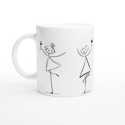 White mug with black line drawing of two stick-figure dancers toasting with wine glasses.