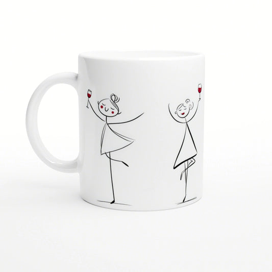 White mug with black line drawing of two stick-figure dancers toasting with wine glasses.