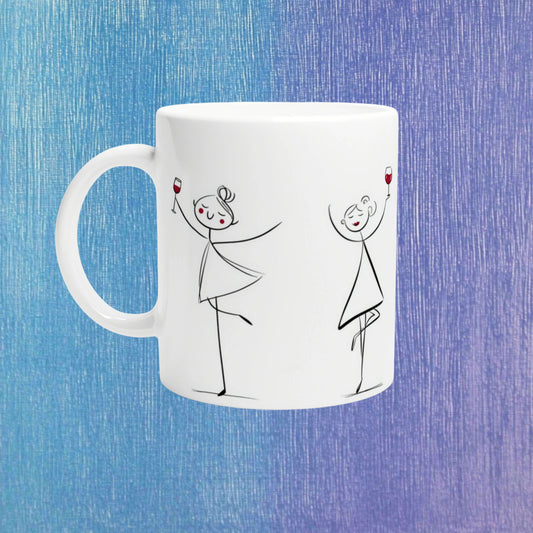 White mug featuring a minimalist sketch of two stick-figures dancing and raising wine glasses; blue-purple gradient backdrop.
