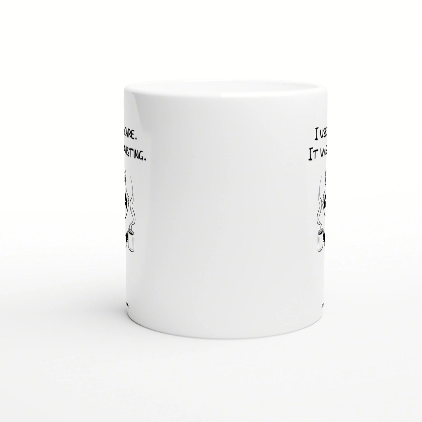 White ceramic mug mockup with partial black line-art on the sides, hinting at humorous slogans; product image for an online shop.