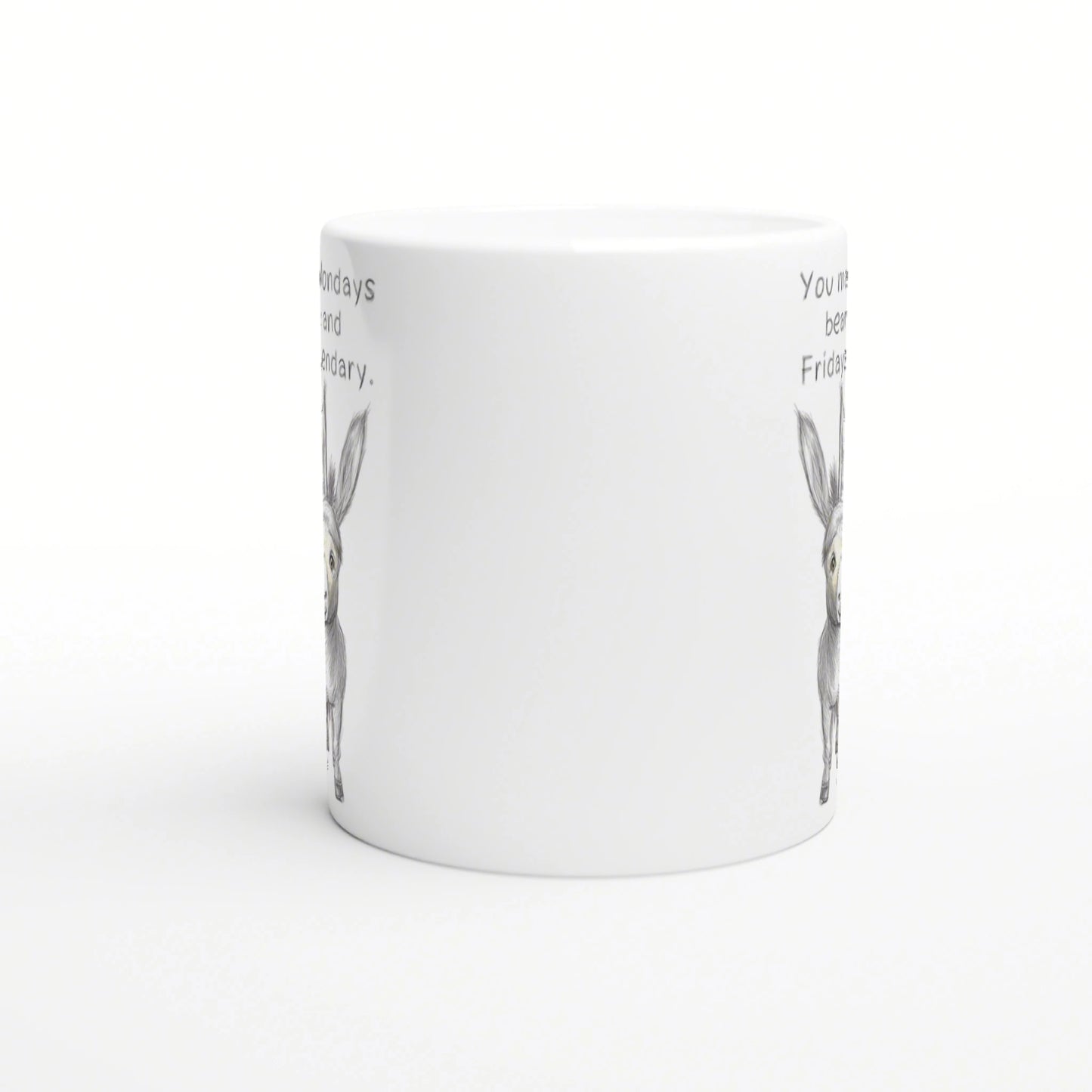 White ceramic mug mockup with a pencil-drawn bunny illustration on both sides and partial text along the rim.