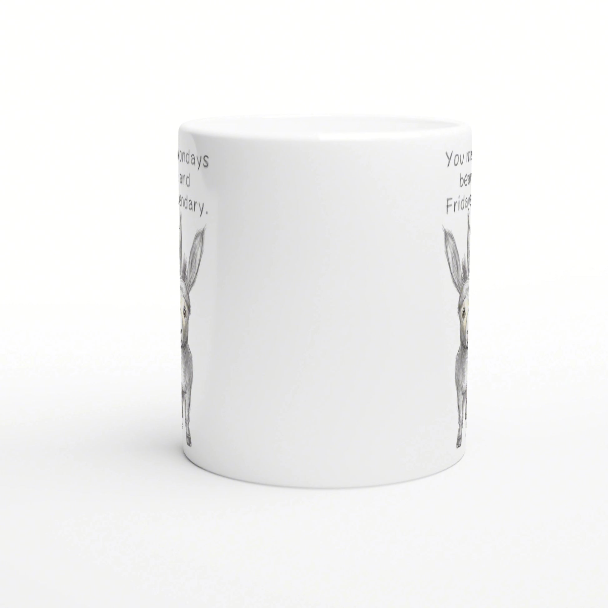 White ceramic mug mockup with a pencil-drawn bunny illustration on both sides and partial text along the rim.