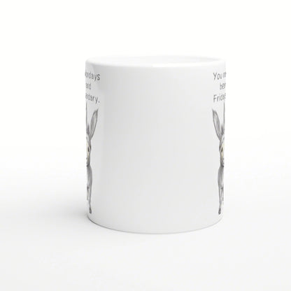 White ceramic mug mockup with a pencil-drawn bunny illustration on both sides and partial text along the rim.