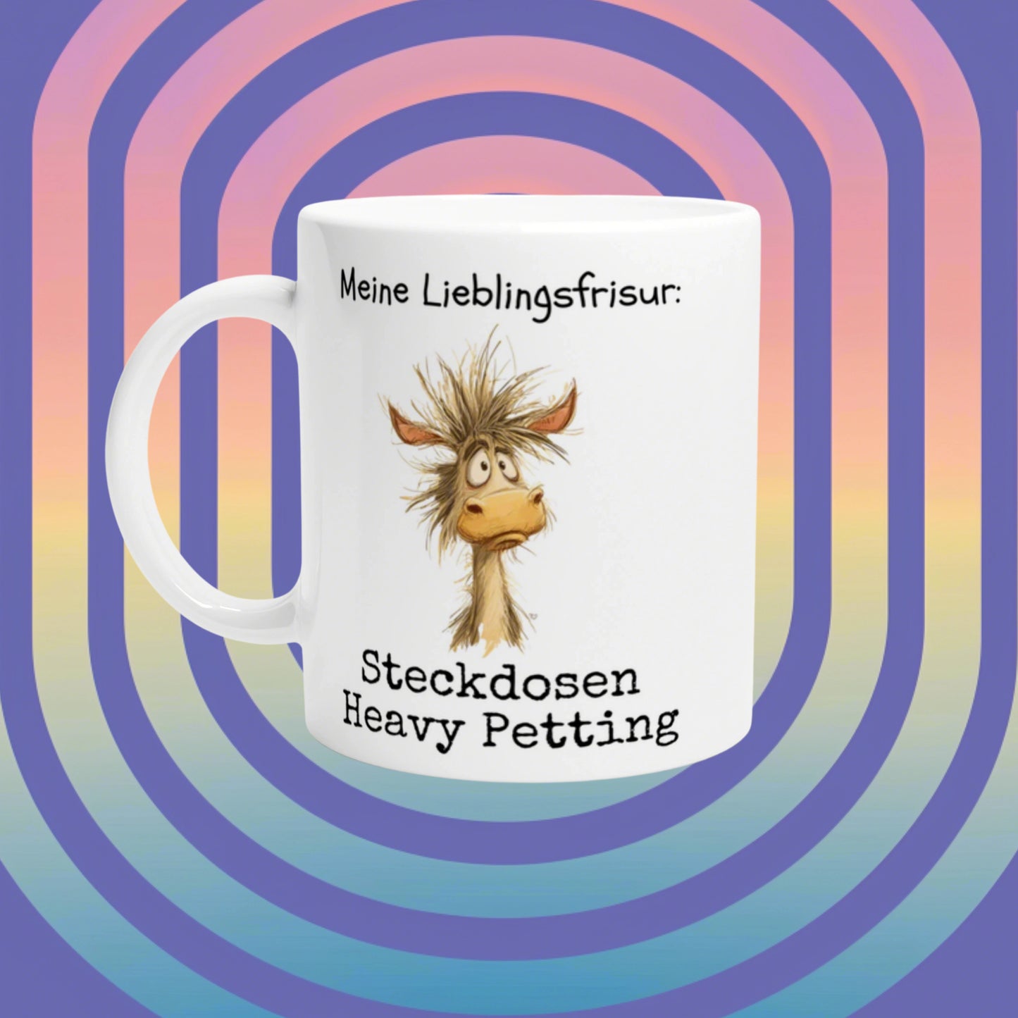 White mug mockup with a cartoon donkey and the German slogan on a pastel rainbow backdrop.