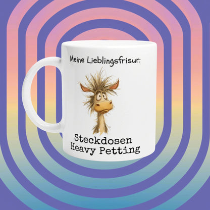 White mug mockup with a cartoon donkey and the German slogan on a pastel rainbow backdrop.