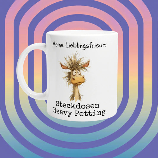 White mug mockup with a cartoon donkey and the German slogan on a pastel rainbow backdrop.