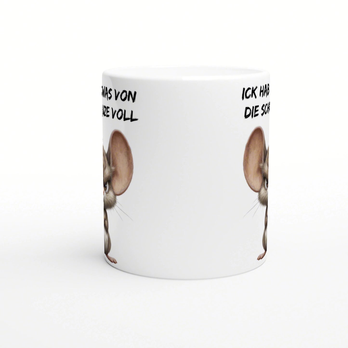 White ceramic mug mockup with partial cartoon mice on both sides and bold German slogans along the rim.