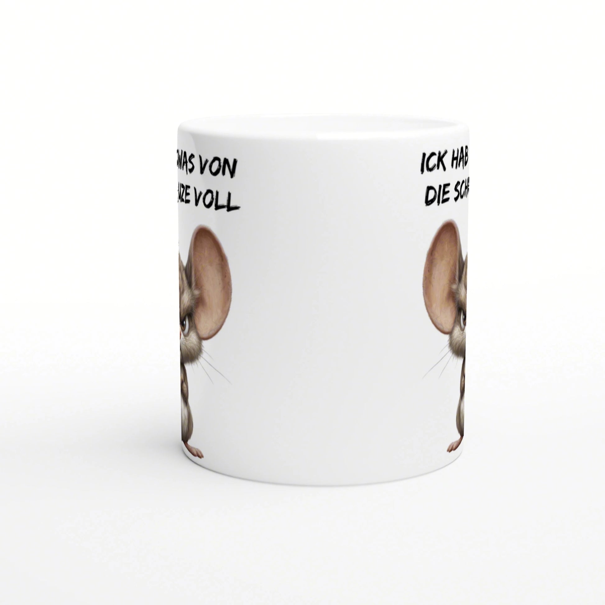 White ceramic mug mockup with partial cartoon mice on both sides and bold German slogans along the rim.