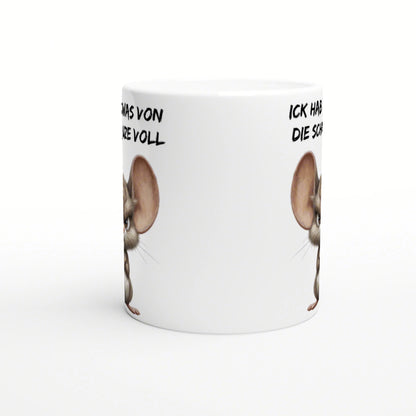 White ceramic mug mockup with partial cartoon mice on both sides and bold German slogans along the rim.