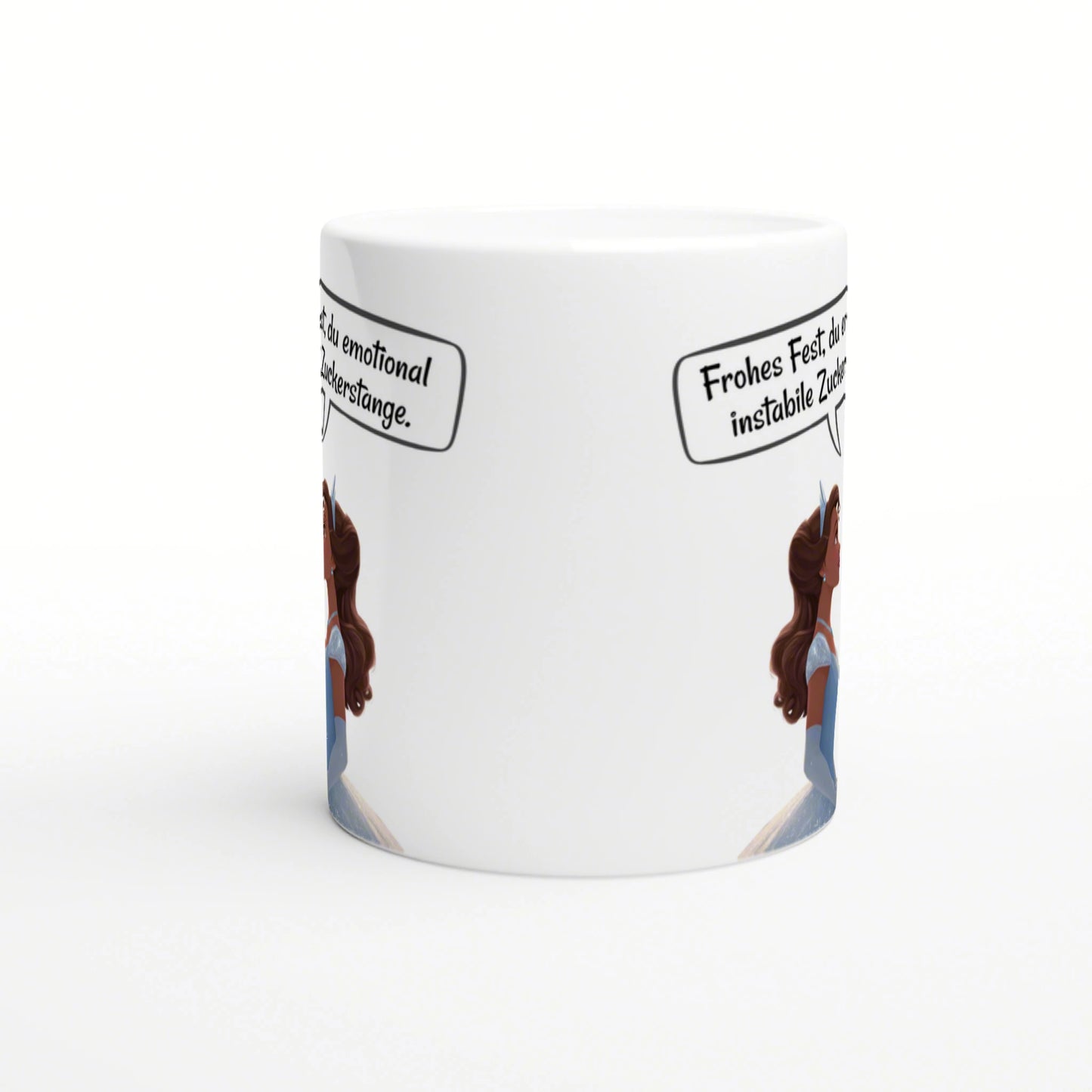 White ceramic mug mockup featuring a cartoon woman and wraparound speech bubbles with German text.
