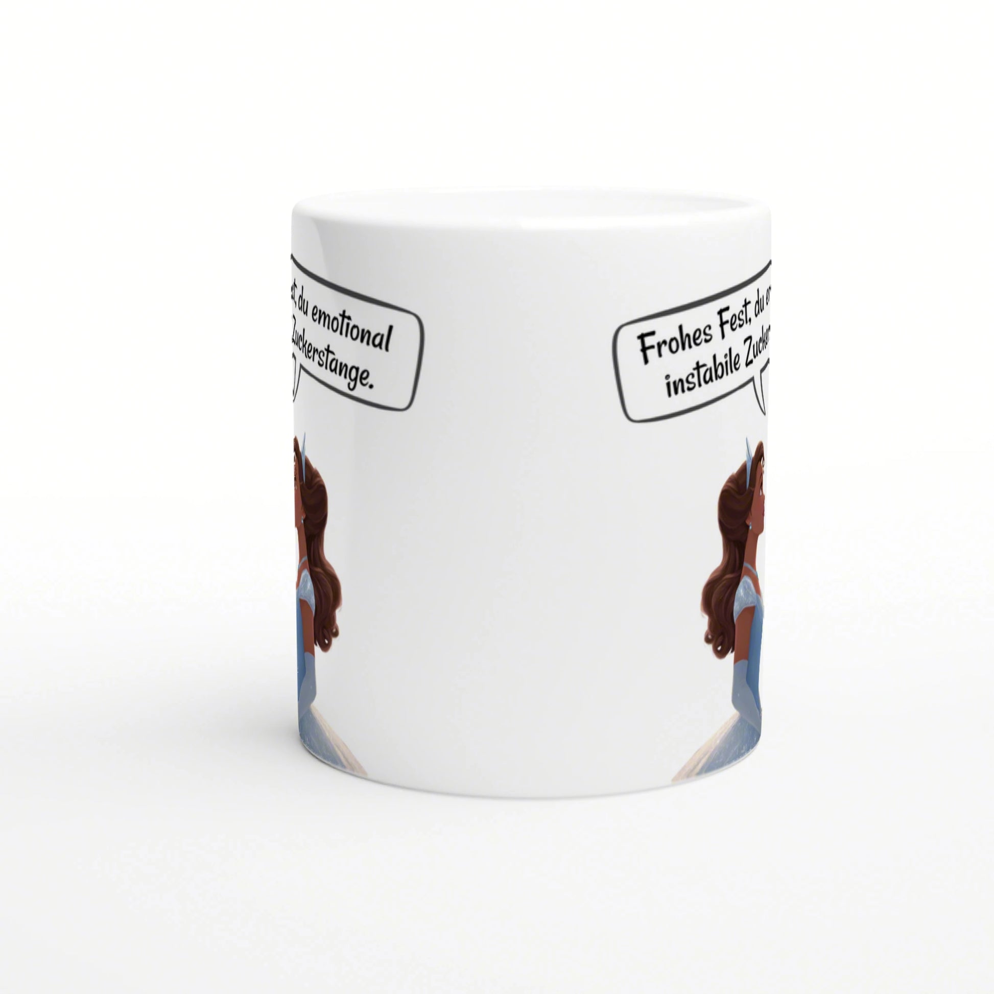 White ceramic mug mockup featuring a cartoon woman and wraparound speech bubbles with German text.
