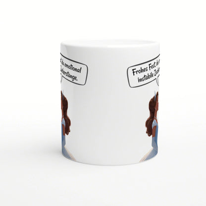 White ceramic mug mockup featuring a cartoon woman and wraparound speech bubbles with German text.