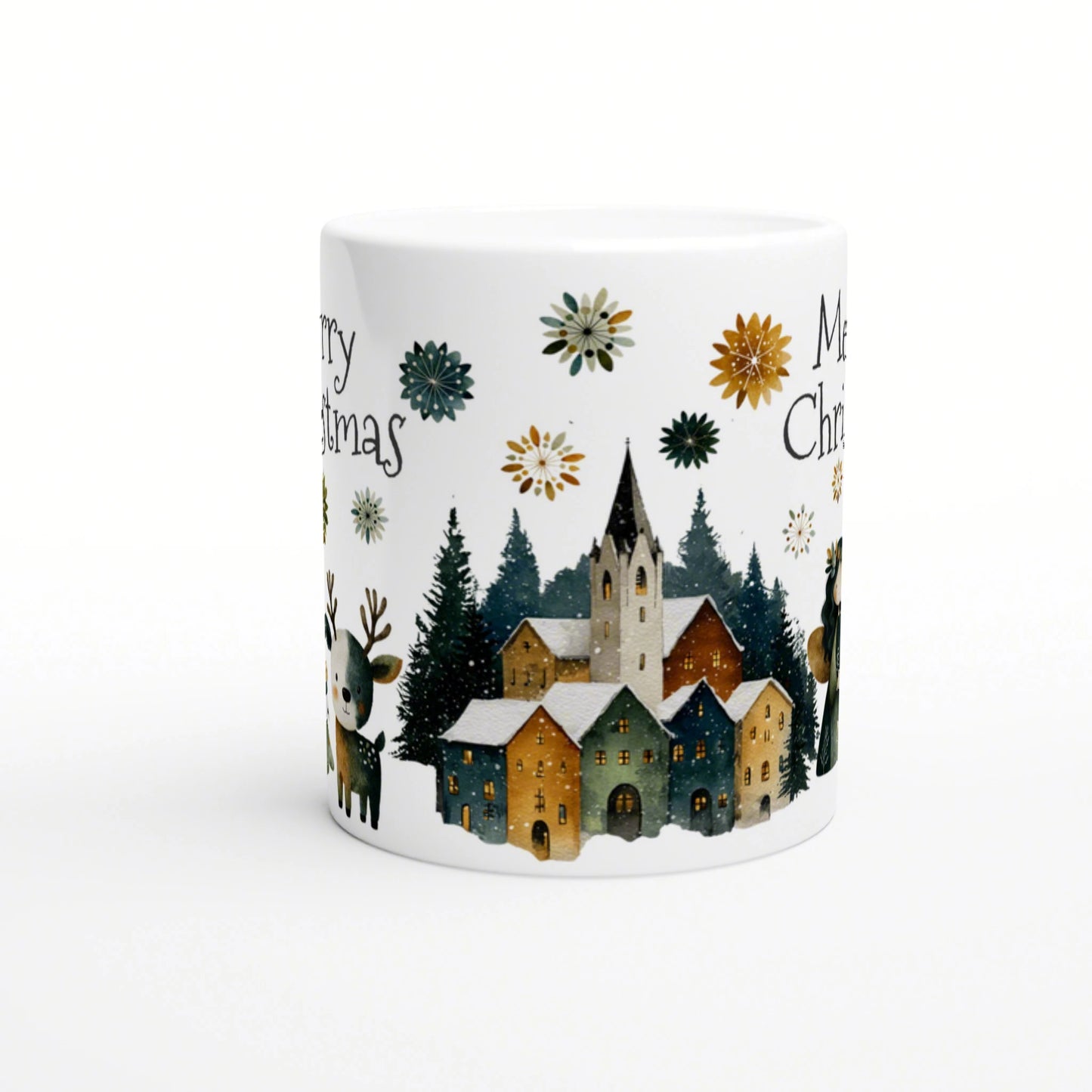White mug mockup with a Christmas village, snow-covered houses, pines, and snowflakes; partial Merry Christmas text.