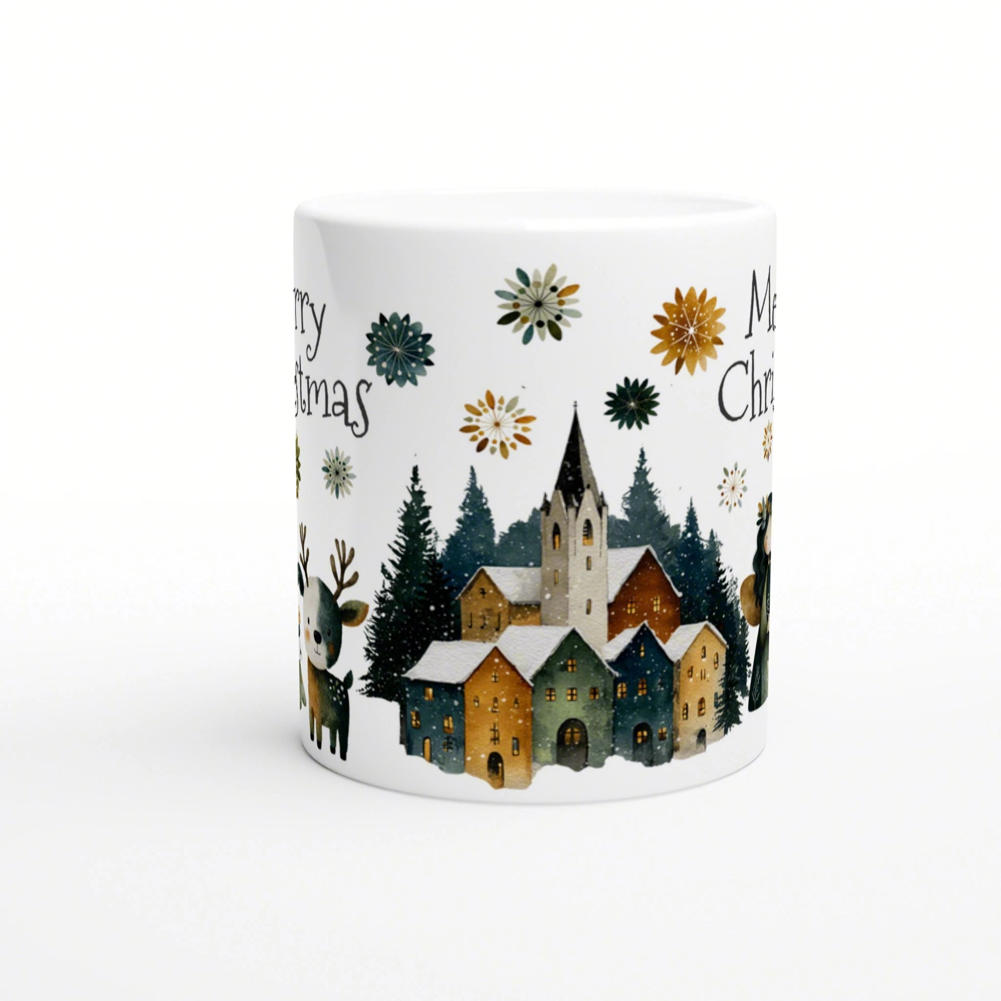 White mug mockup with a Christmas village, snow-covered houses, pines, and snowflakes; partial Merry Christmas text.