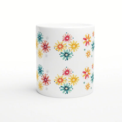 White ceramic mug mockup featuring a repeating pattern of colorful daisylike flowers in blue, yellow, pink.