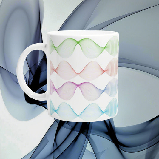 White mug mockup featuring four colorful, wavy bands in green, pink, purple and blue around its side; abstract blue background.
