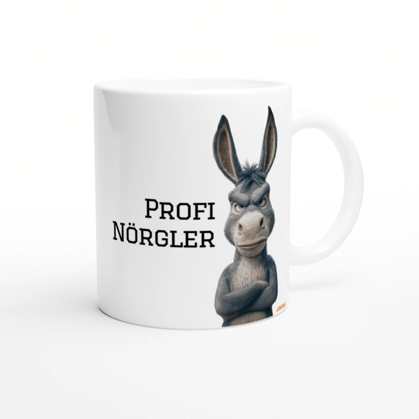White mug mockup featuring a grumpy donkey illustration and the bold German caption 'PROFI NÖRGLER'.