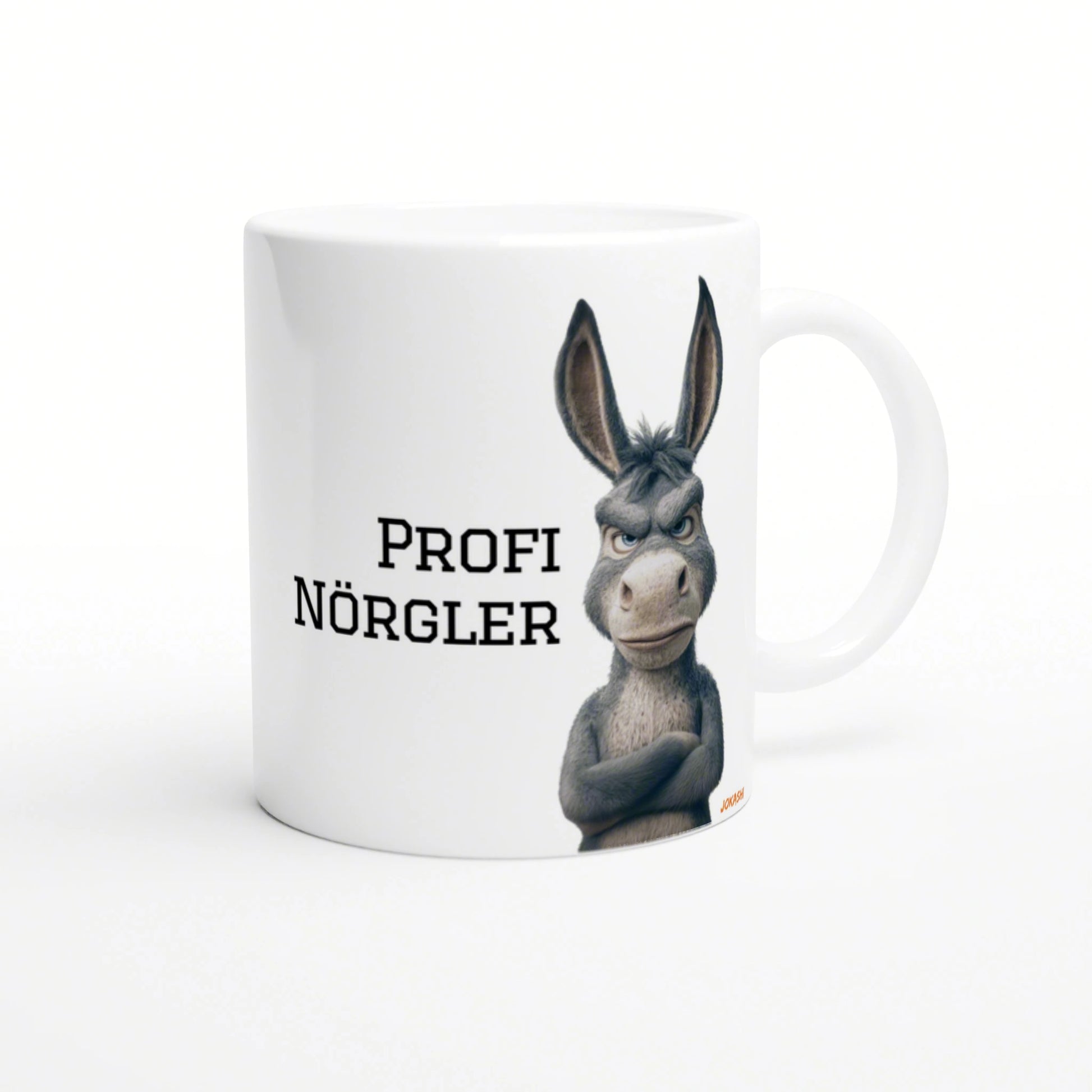 White mug mockup featuring a grumpy donkey illustration and the bold German caption 'PROFI NÖRGLER'.