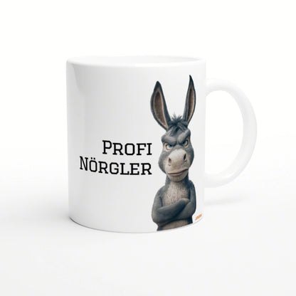 White mug mockup featuring a grumpy donkey illustration and the bold German caption 'PROFI NÖRGLER'.
