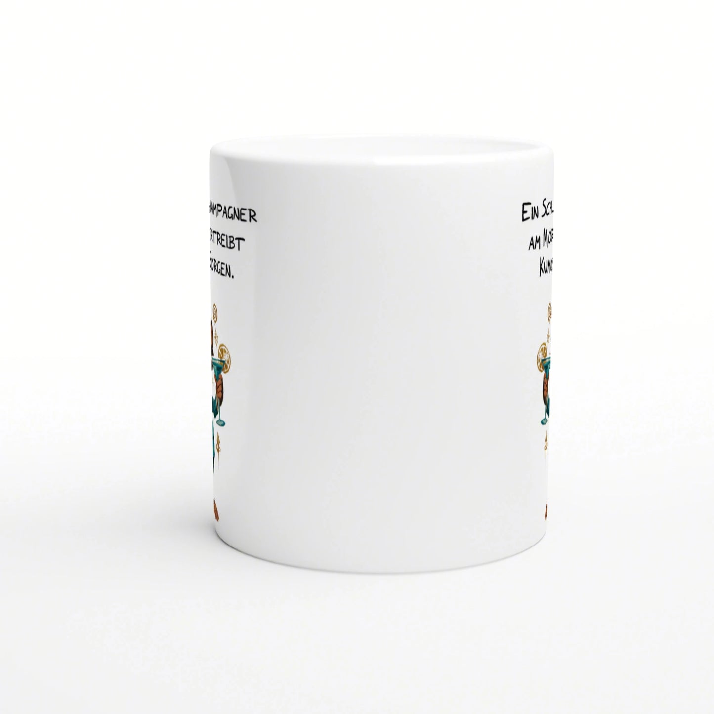 White ceramic mug mockup featuring black handwritten text along the sides and a colorful cocktail with lemon slices.