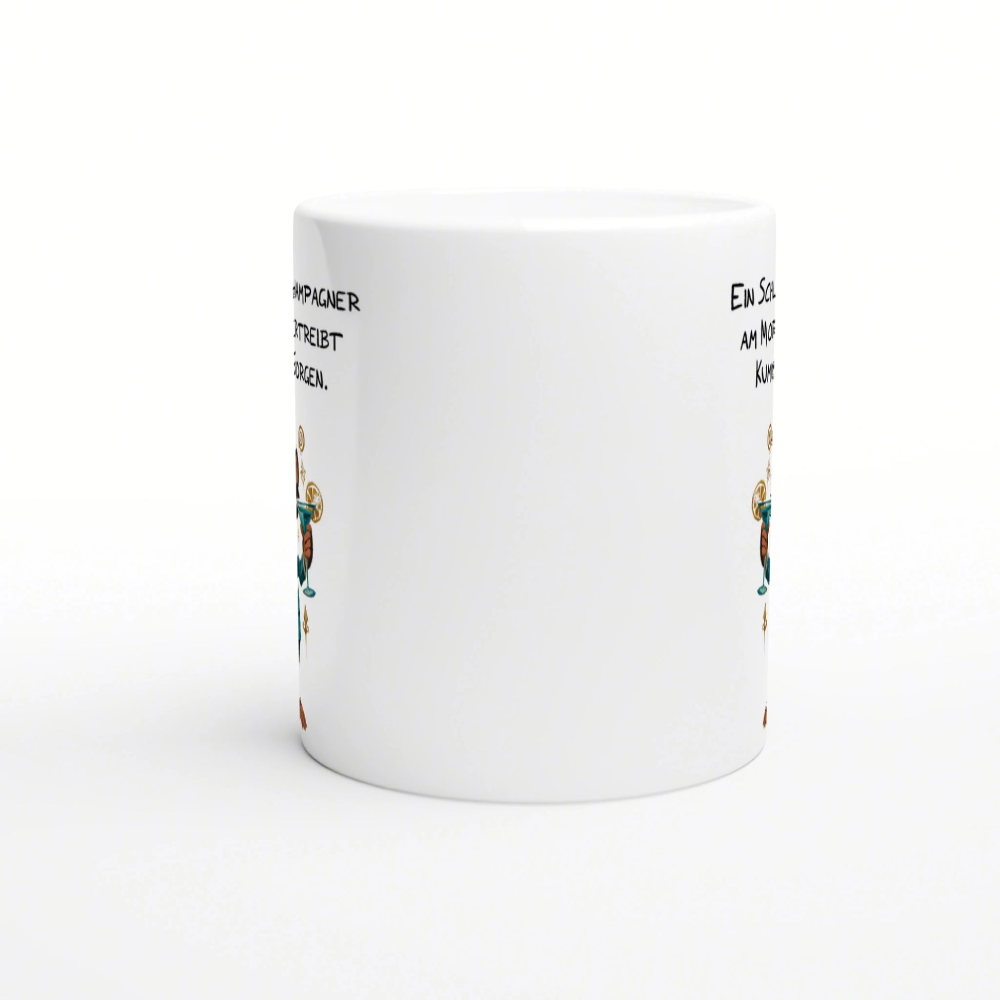 White ceramic mug mockup featuring black handwritten text along the sides and a colorful cocktail with lemon slices.