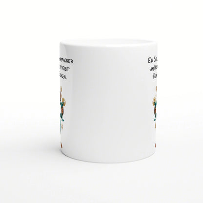 White ceramic mug mockup featuring black handwritten text along the sides and a colorful cocktail with lemon slices.