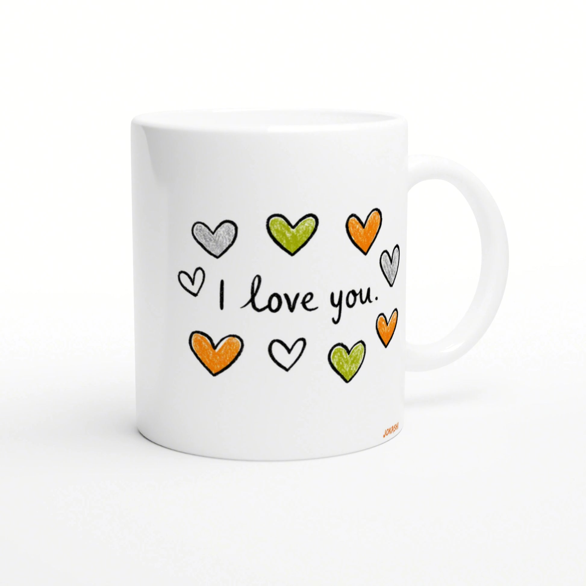White mug mockup with handwritten 'I love you.' surrounded by colorful orange, green, and gray hearts.