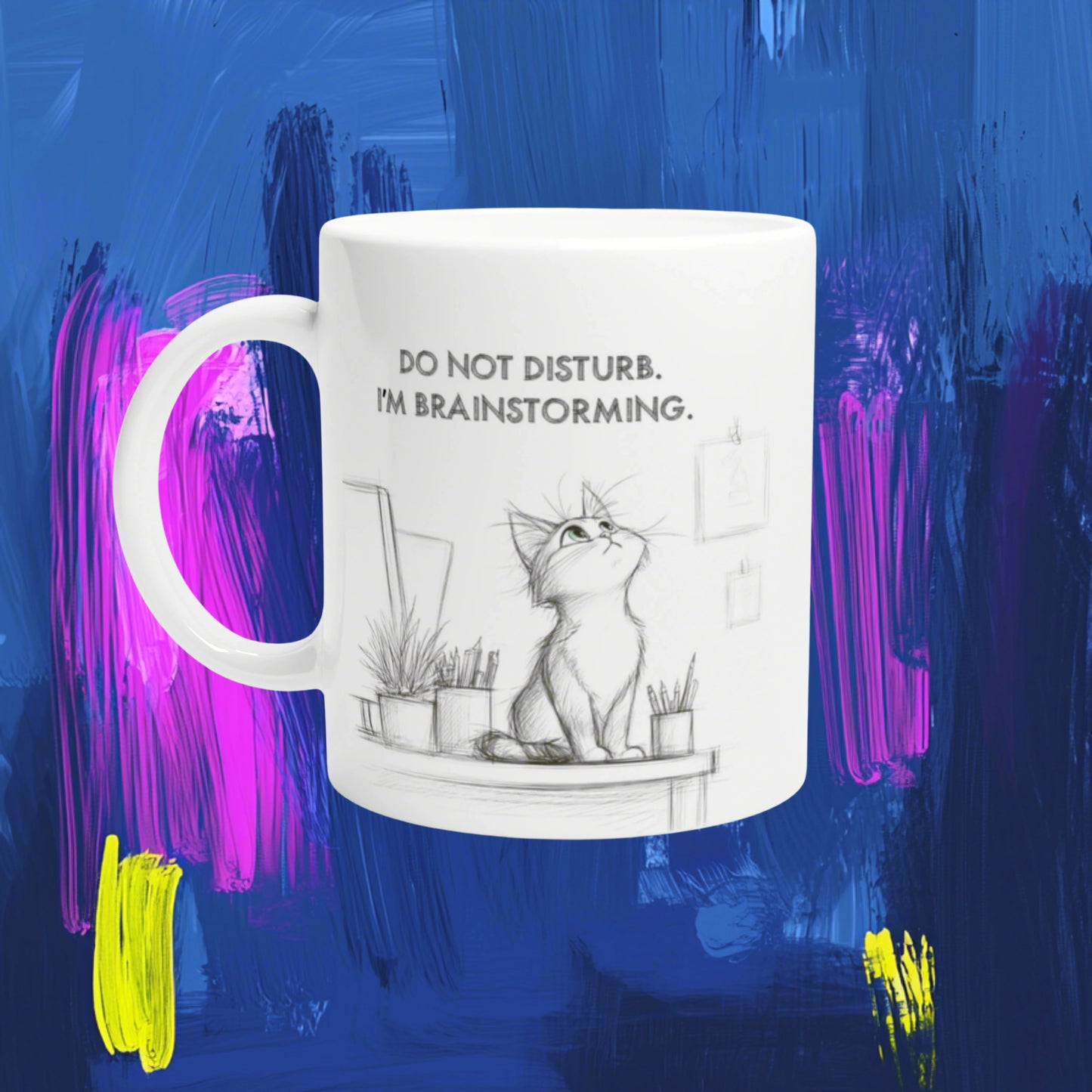 White mug mockup with a pencil-sketch cat and the caption Do Not Disturb. I'm Brainstorming.