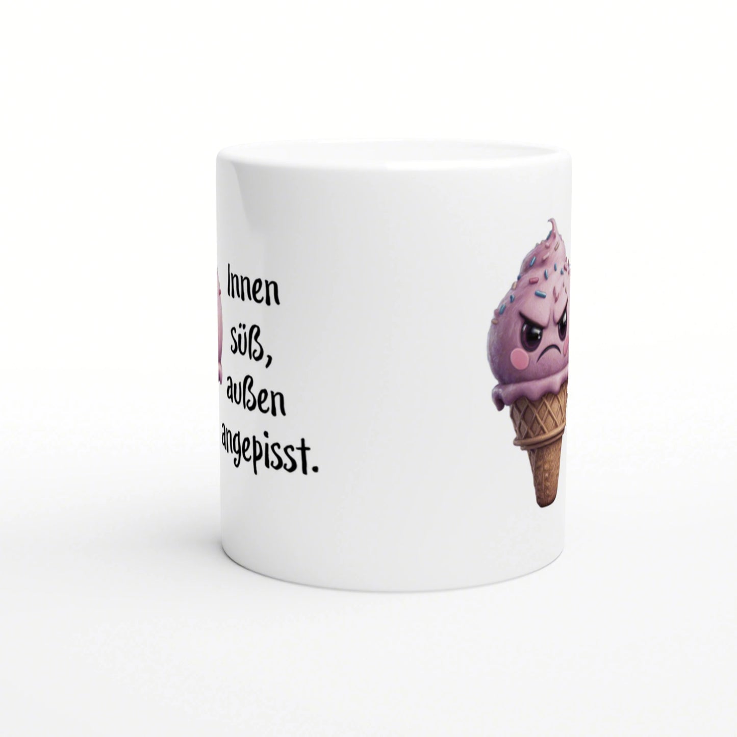 White mug mockup with a pink angry ice-cream cone on the right and the German text 'Ihnen süß, außen angepisst' on the left.