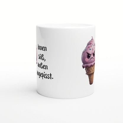 White mug mockup with a pink angry ice-cream cone on the right and the German text 'Ihnen süß, außen angepisst' on the left.