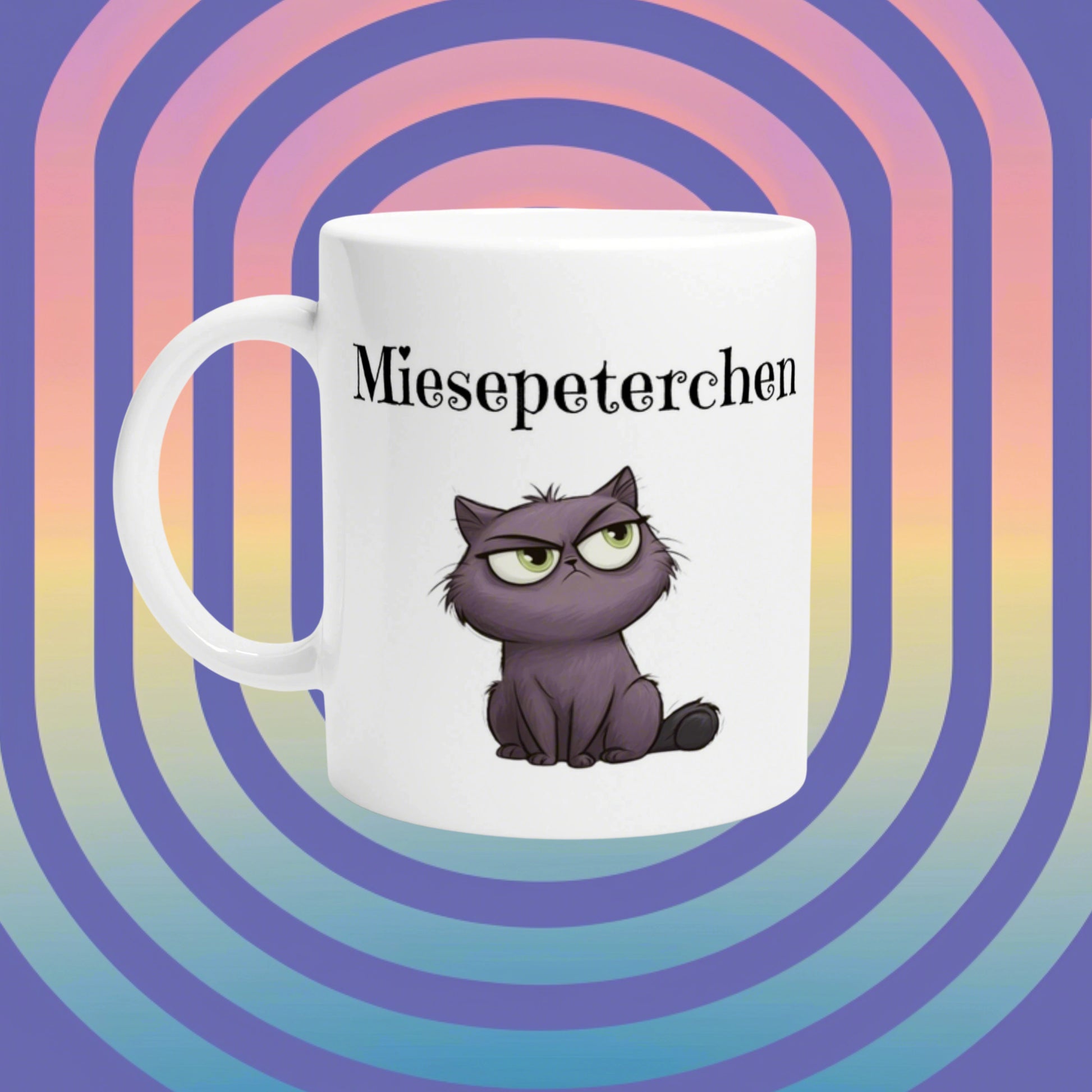 White mug mockup featuring a purple grumpy cat cartoon and the word Miesepeterchen on a pastel rainbow background.