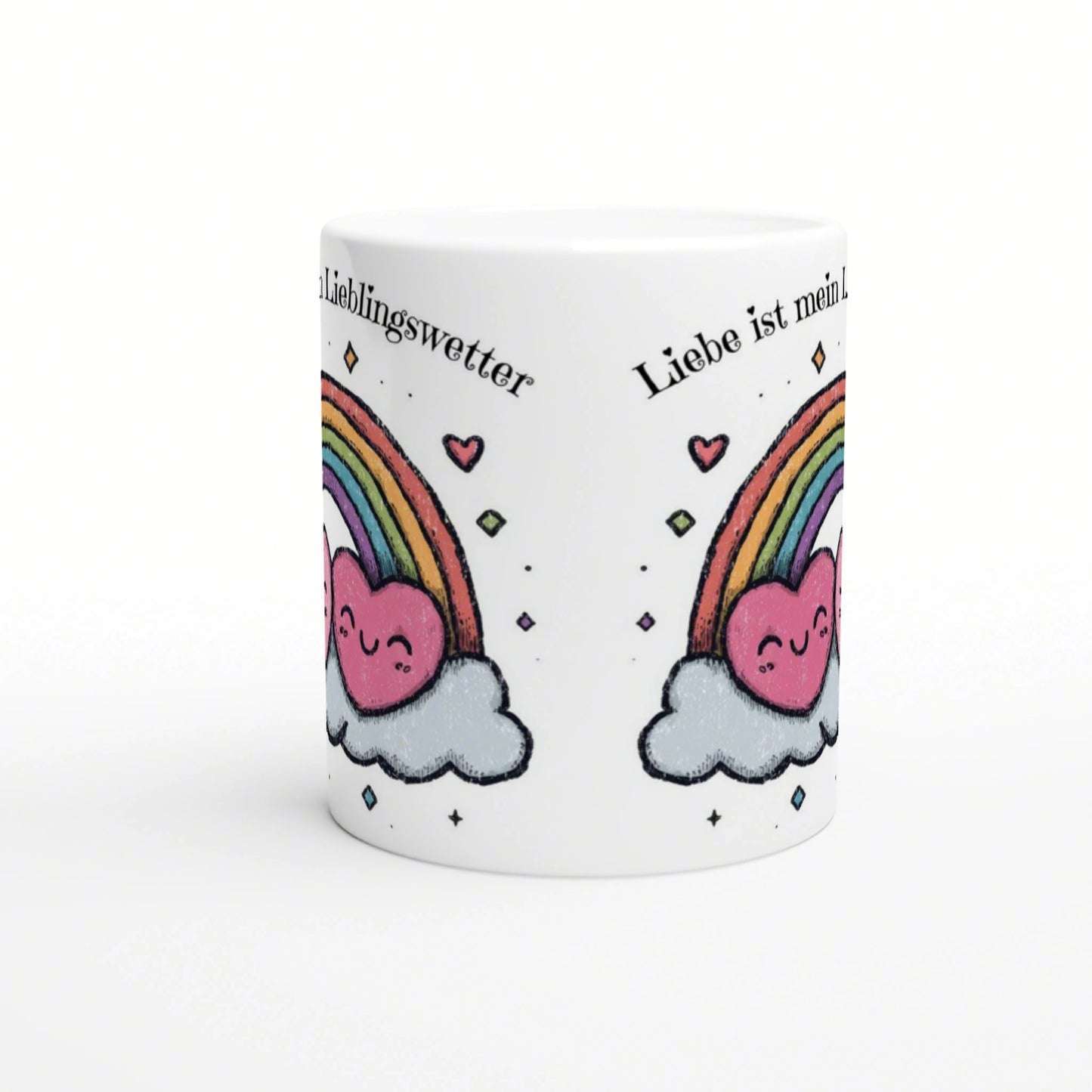 White mug mockup featuring a rainbow with pink heart-clouds, mirrored on both sides, and curved German text along the rim.