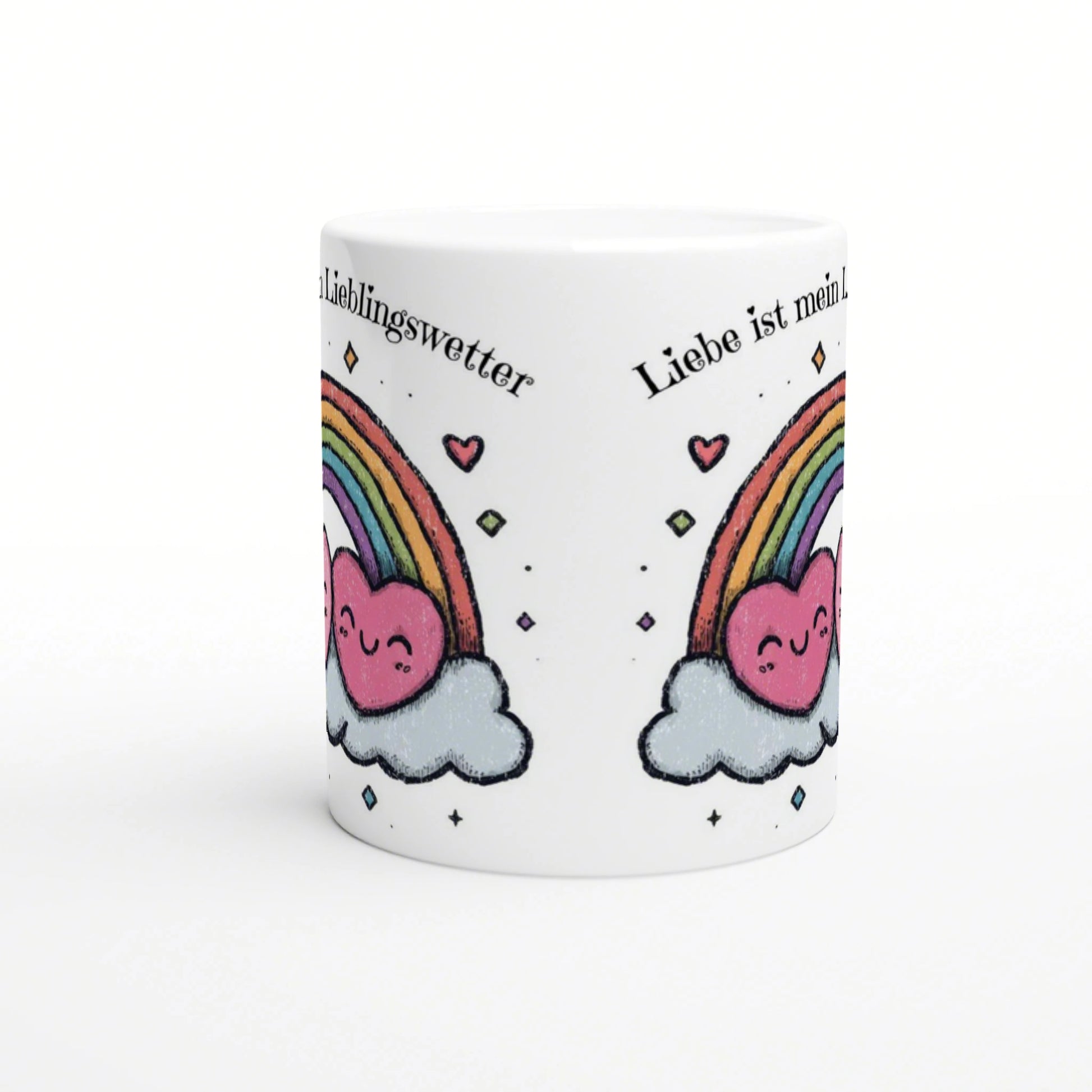 White mug mockup featuring a rainbow with pink heart-clouds, mirrored on both sides, and curved German text along the rim.