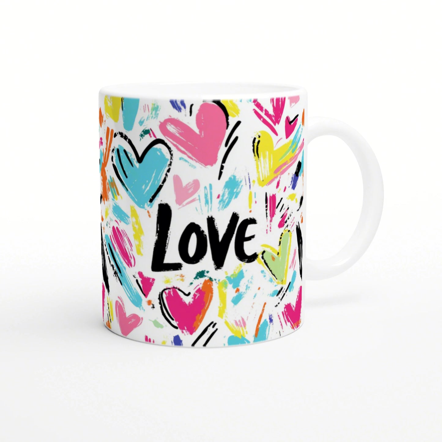 White ceramic mug mockup featuring multicolored brush-stroke hearts and the word Love in bold black letters.